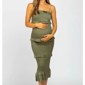 Olive Satin smocked Maternity dress